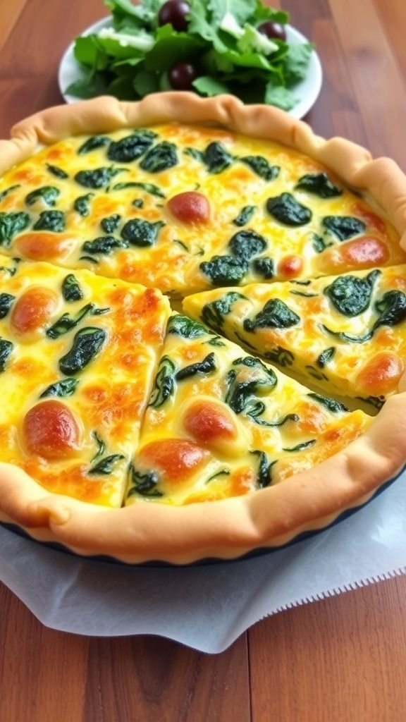Savory Spinach and Cheese Quiche Recipe A slice of spinach and cheese quiche on a plate, with a golden crust and green filling, accompanied by a fresh salad.